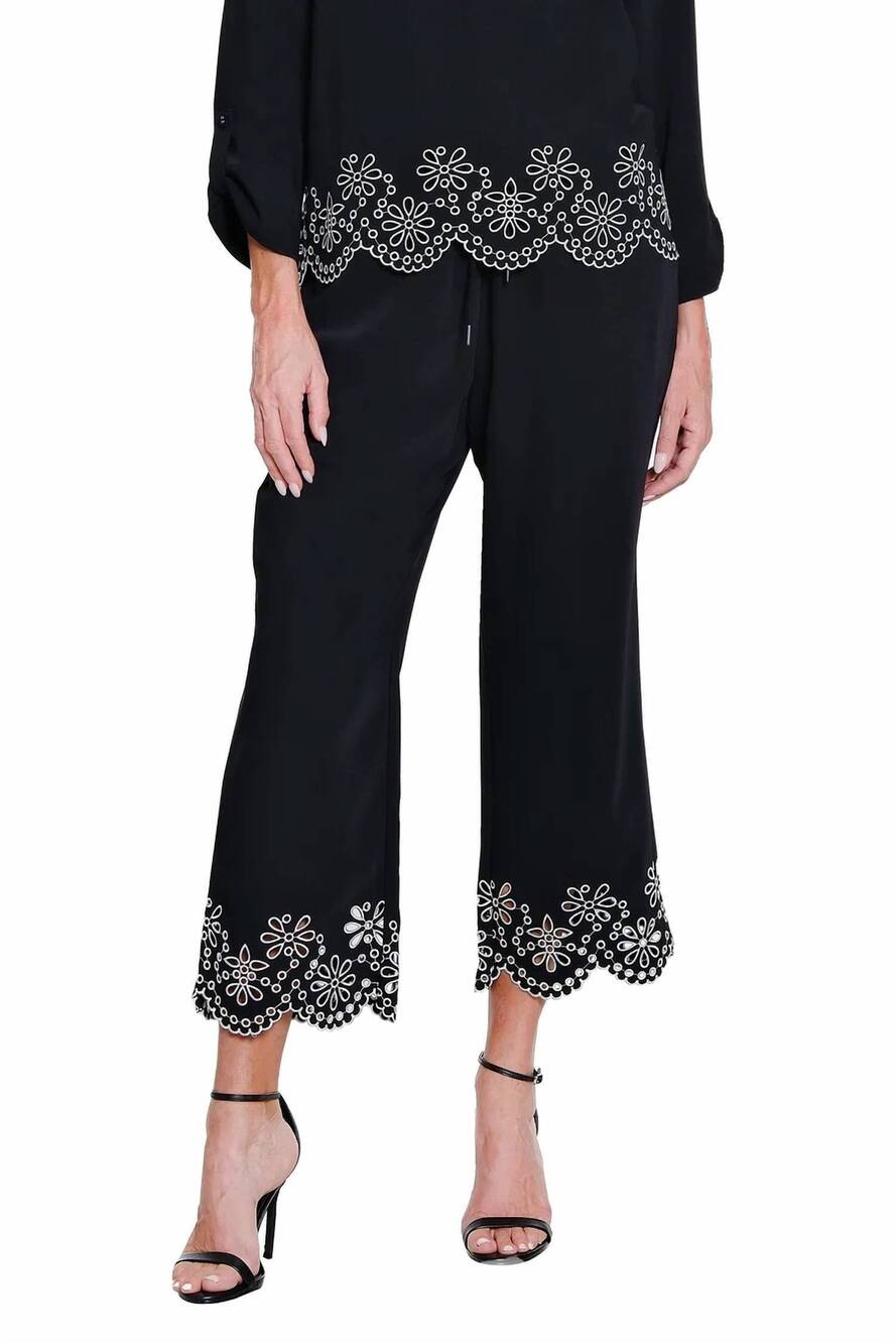 NEW MULTIPLES embroidered hem wide leg crop pant in black